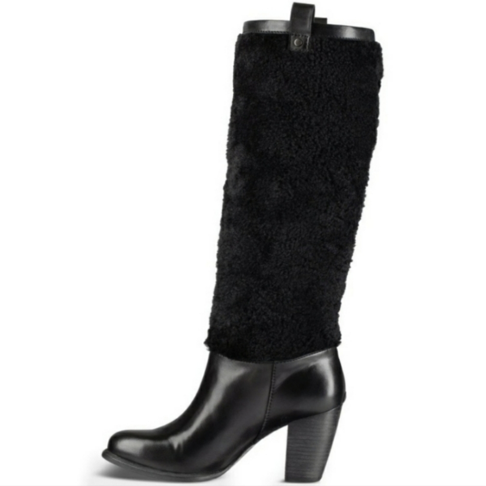 Ugg Ava Exposed Shearling Black Knee Boots Leather Sherpa Designer ize 5 8774